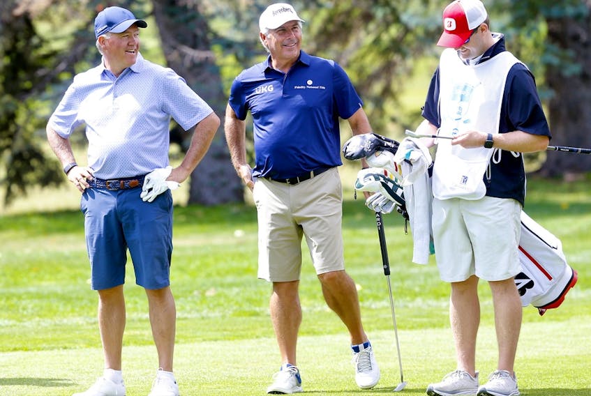  Fred Couples golfs with Jim Riddell, chair of the Shaw Charity Classic patron group, during the RBC Championship Pro-Am at Canyon Meadows Golf and Country Club in Calgary on Thursday, Aug. 4, 2022.