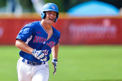 Blake Newell of Plymouth, Yarmouth County, running the bases at Oakes Park, Niagara Falls during an Aug. 7 game at the 2022 Canada Summer Games. PHOTO: Communications Nova Scotia/ Len Wagg.