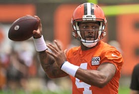 Cleveland Browns quarterback Deshaun Watson throws a pass during training camp. The NFL is hoping the hiring of a new lawyer will help extract the proper amount of punishment for Watson. 
