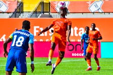 Woobens Pacius of Forge FC heads the ball during a Canadian Premier League match Saturday afternoon against the HFX Wanderers. Pacius scored 65 seconds into the match for the lone goal in a 1-0 Forge victory. - CANADIAN PREMIER LEAGUE