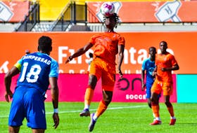 Woobens Pacius of Forge FC heads the ball during a Canadian Premier League match Saturday afternoon against the HFX Wanderers. Pacius scored 65 seconds into the match for the lone goal in a 1-0 Forge victory. - CANADIAN PREMIER LEAGUE