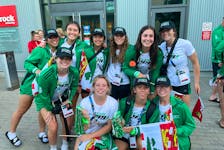 Members of the P.E.I. rugby 7s team was excited to participate in the opening ceremonies of the 2022 Canada Summer Games in the Niagara region of Ontario on Aug. 6.  Front row, from left: Gracie McQuaid, Katie Murphy, Carmen Seaman and Hannah Somers. Back row: Rita Johnston, Emily McKenna, Alana Mabey, Maddison Thompson, Emma Langley and Katie Douglas. Photo courtesy of Team P.E.I.