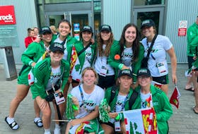 Members of the P.E.I. rugby 7s team was excited to participate in the opening ceremonies of the 2022 Canada Summer Games in the Niagara region of Ontario on Aug. 6.  Front row, from left: Gracie McQuaid, Katie Murphy, Carmen Seaman and Hannah Somers. Back row: Rita Johnston, Emily McKenna, Alana Mabey, Maddison Thompson, Emma Langley and Katie Douglas. Photo courtesy of Team P.E.I.