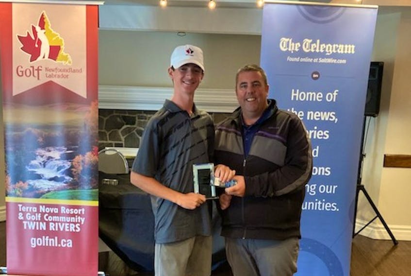 Sam Fisher, left, stands with Jason Hill after he won the Juvenile Division at the 2022 Tely Junior Tour at Bally Haly Country Club. Contributed