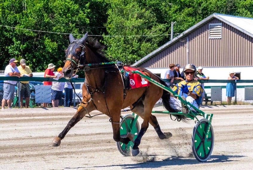 Up Helly AA and driver Kenny MacDonald won their 13th in a row, capturing one of two divisions of the Atlantic Sire Stakes for three-year-old trotters Saturday afternoon at Northside Downs in North Sydney. PHOTO CONTRIBUTED/TANYA ROMEO