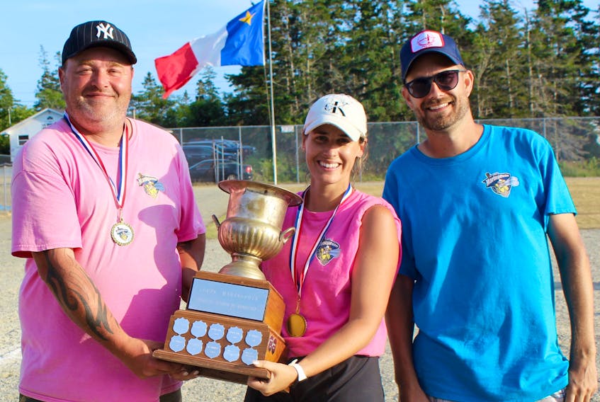 Adam Hill and Marissa Bourque of Mixed 1 team receive the Coupe Maringouin Trophy from tournament president Marc LeBlanc. CONTRIBUTED