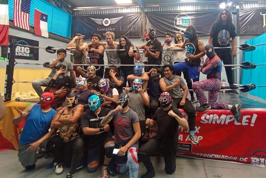 Cody Brown, perhaps better known to pro wrestling fans as Lil’ Blay, back, centre, at Bandido’s Gym in Mexico. Brown has lived, trained, and competed in the dojo. CONTRIBUTED