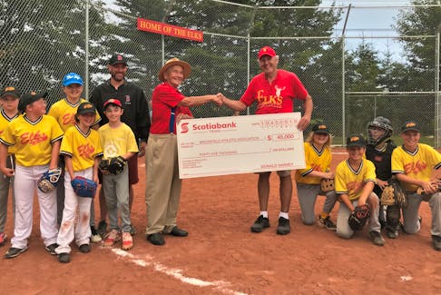 Don Harvey (left) presented the Brookfield Athletic Association, represented by treasurer Robert Putnam, with a donation of $45,000, some of which went to the construction of the Home of the Young Elks ballfield which recently celebrated its grand opening. Richard MacKenzie