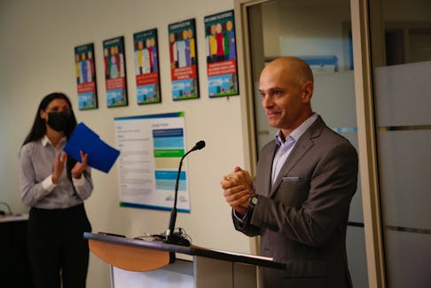 Dr Tim Holland, medical lead at the Newcomer Medical Clinic, gives his thanks at a new funding announcement at the clinic in Halifax TUESDAY August 9, 2022. At left is Jill Balser, 
Minister of Labour, Skills and Immigration.