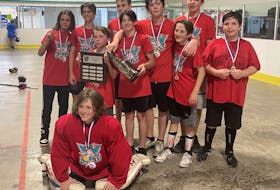 The New Waterford Red Sharks won the under-13/15 division of the New Waterford Ball Hockey League. Front row, Nolan MacGillivary. Middle row, from left, Travis Smith-MacNeil, Ashten Pastuck, Sean MacCormick, and Blake MacLean. Back row, from left, Reid Mayich, Aiden Oliver, Owen Weyman, Deakin McPhee, and Karson McVarish. PHOTO CONTRIBUTED/SKYLER PETERSON.