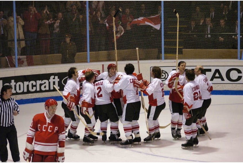  Team Canada celebrates Paul Henderson’s winning goal in Game 8 of the Canada Vs. Russia Summit series in the CBC movie Canada Russia ’72.