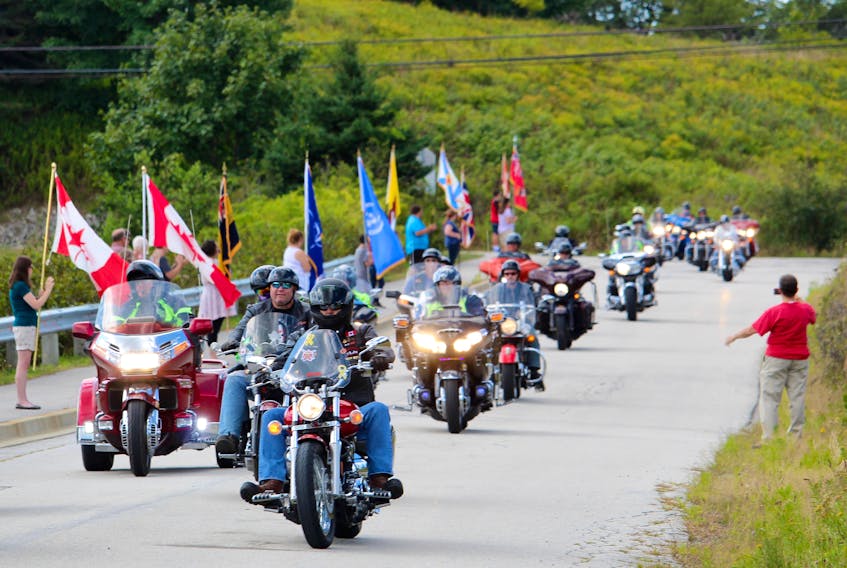 Motorcyclists arrive during the 2019 Darren Williams Memorial Ride to the Maple Grove Afghanistan Memorial in Hebron, Yarmouth County. TINA COMEAU PHOTO

