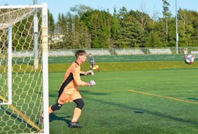 Holland Hurricanes keeper Keegan MacKinnon tracks a shot on goal during an Atlantic Collegiate Athletic Association (ACAA) men’s soccer game against the UNBSJ SeaWolves at the Terry Fox Sports Complex in Cornwall on Sept. 10. MacKinnon earned a nine-save shutout in the Hurricanes’ scoreless draw against the visiting St. Thomas Tommies on Sept. 11. Jason Simmonds • The Guardian