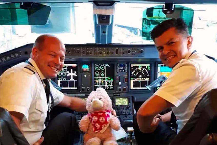 After being lost in the Halifax airport during a mad dash to catch a flight to St. John’s, Pinky’s journey home was chronicled with photos. The missing bunny meets the pilots while flying from Halifax to St. John’s airport. - Contributed
