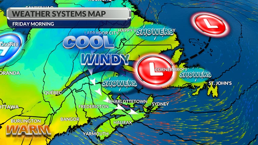 Cooler temperatures will accompany gusty winds as low-pressure stalls near Labrador.