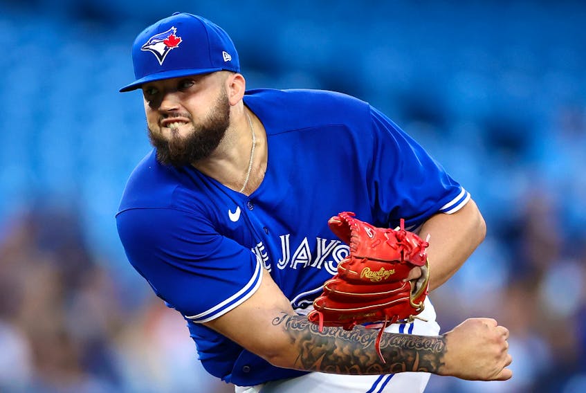  Alek Manoah of the Toronto Blue Jays delivers a pitch in the first inning during game two of a doubleheader against the Tampa Bay Rays at Rogers Centre on Sept. 13, 2022 in Toronto.