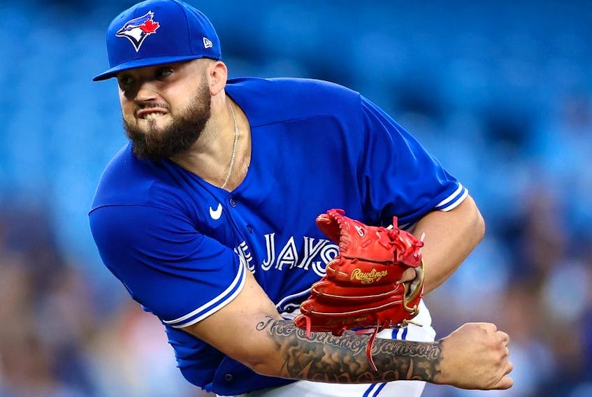 Alek Manoah of the Toronto Blue Jays delivers a pitch in the first inning during game two of a doubleheader against the Tampa Bay Rays at Rogers Centre on September 13, 2022 in Toronto.