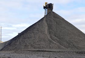 This file photo shows a mountain of coal at the Donkin mine in February 2020, one month before the operation was halted due to adverse geological concerns. The mine, which had not produced any coal since the closure, resumed production this week and is seeking to renew its industrial approval, which is set to expire on Dec. 4. CAPE BRETON POST