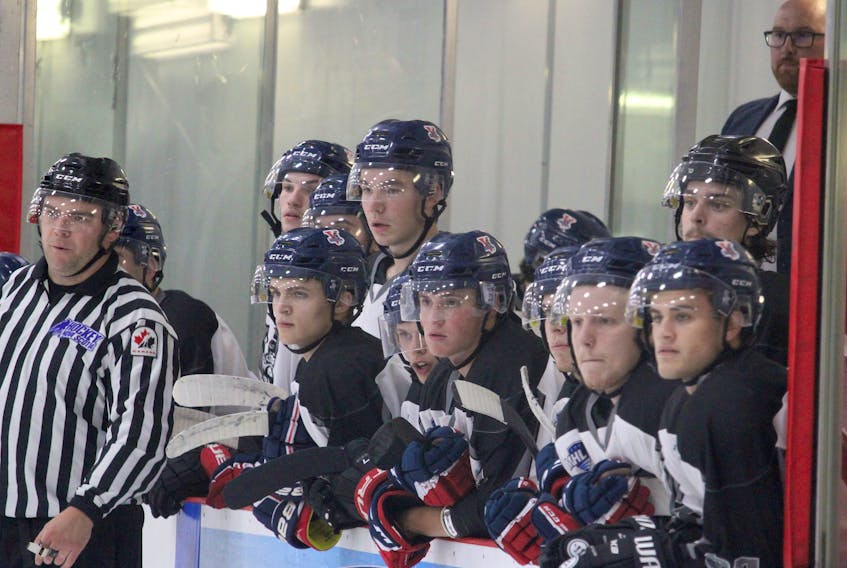 Valley Wildcats players watch the action Sept. 10 during pre-season action with the South Shore Lumberjacks at the Kings Mutual Century Centre in Berwick.
Jason Malloy