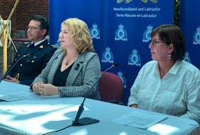 From the left, Insp. Stefan Thoms and Const. Colleen Noble of the RCMP’s Federal Serious and Organized Crime Unit in Newfoundland and Labrador and Angela Crockwell, executive director of Thrive, speak to members of the media in St. John’s Thursday about Project Badminton, a 30-month RCMP/Royal Newfoundland Constabulary investigation into human and drug trafficking that has so far resulted in the arrest of four people and the seizure of significant quantities of drugs.