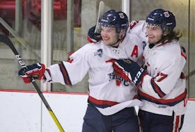 Valley Wildcats teammates Nick Goodwin, right, and Matt Power celebrate Goodwin's goal Sept. 16 at the Kings Mutual Century Centre in Berwick.