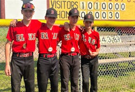 Brookfield Elks players Tyler Sullivan (left), Ewan White, Cooper Singer and Rigby VanTassell display their gold medals following U-15 Eastern Canadians. Contributed