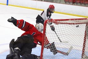 Truro Bearcats forward Elliott Mullen fires a backhand into the net for one of his two goals Sept. 18 against the Kings Mutual Valley Wildcats in Nova Scotia Under-15 Major Hockey League action.
