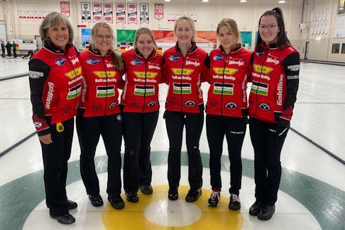 The Emily Deschenes rink out of the Halifax Curling Club will play in the PointsBet Invitational in Fredericton, beginning Wednesday.  From left are coach Mary Mattatall, Taylour Stevens, lead Cate Fitzgerald, second Alison  Umlah, third Lauren Ferguson and skip Emily Deschenes.
