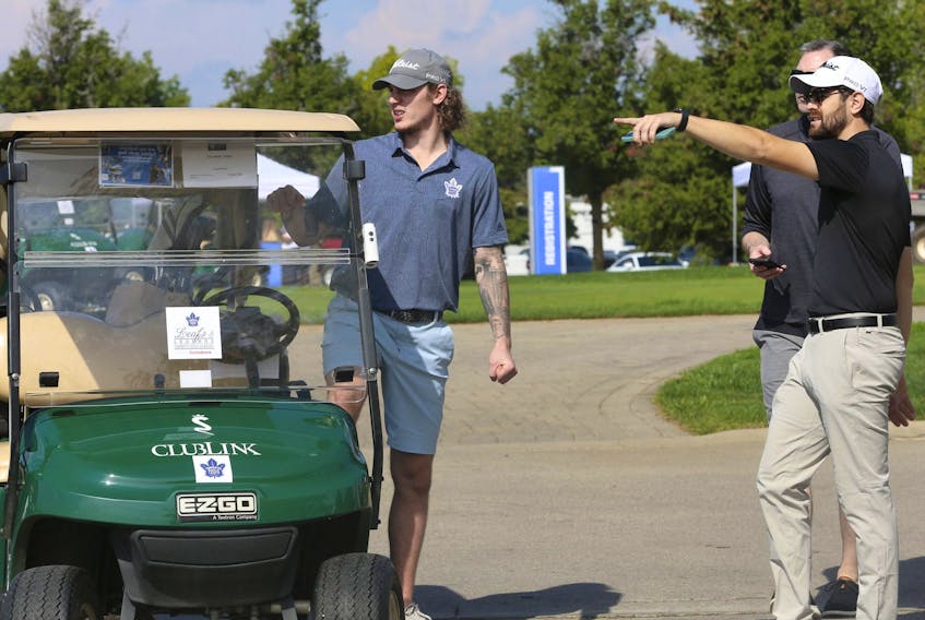 Adam Gaudette (at golf cart) was at the Toronto Maple Leafs as they held their Leafs &amp; Legends Charity Golf Classic at RattleSnake Point Golf Club in Milton in Toronto on Monday September 19, 2022.  