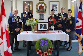 Wedgeport Branch 155 legionnaires at a Sept. 16 Tribute to Queen Elizabeth II (from left to right): André Boudreau, Legion Secretary; Curtis Doucet 1st Vice President; Warren Surette, Sergeant-at-Arms; Clinton Saulnier, Legion President  and Rita Doucette, Membership Chair. CONTRIBUTED