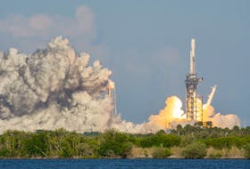 SpaceX Falcon Heavy successfully launches Arabsat-6A satellite into orbit from Kennedy Space Center. -123 RF