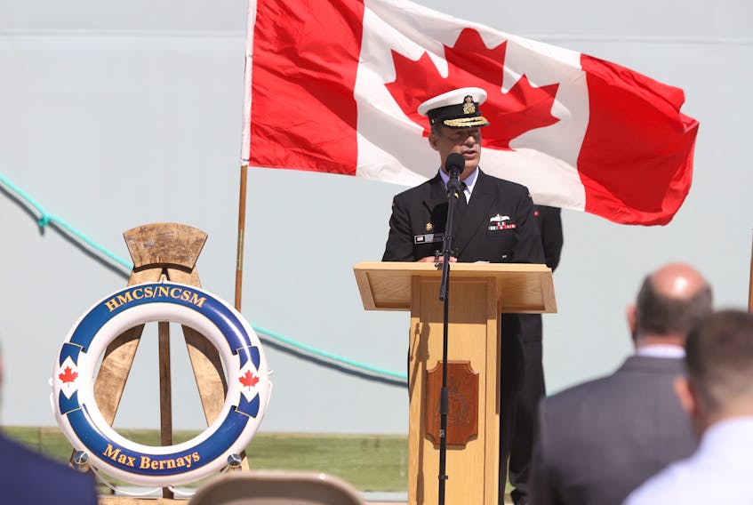 FOR LAMBIE STORY:
Rear Admiral Commander Maritime and Joint Forces Atlantic Brian Santarpia gives his fremarks during the official delivery ceremony for the country's newest arctic patrol ship, HMCS Max Bernays, at HMC Dockyard in Halifax Friday September 2, 2022.

TIM KROCHAK PHOTO