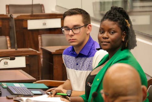 UPEI student union president Adam MacKenzie, left, and vice-president Iyobosa Igbineweka told members of P.E.I.’s legislative assembly that nearly half of UPEI students are reporting a worsening of their mental health situation. Stu Neatby • The Guardian