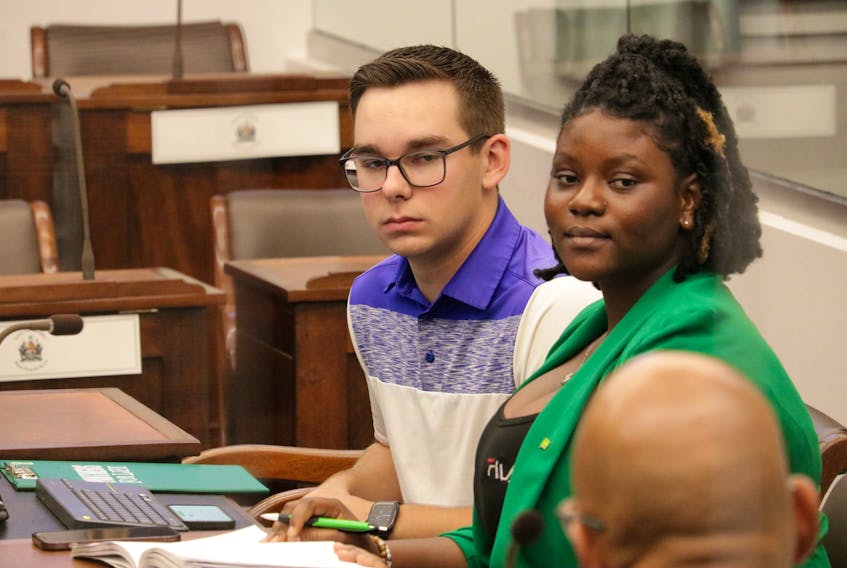 UPEI student union president Adam MacKenzie, left, and vice-president Iyobosa Igbineweka told members of P.E.I.’s legislative assembly that nearly half of UPEI students are reporting a worsening of their mental health situation. Stu Neatby • The Guardian