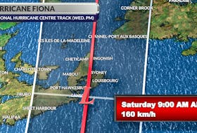 This map from the National Hurricane Center shows hurricane Fiona tracking to hit landfall in Cape Breton on Saturday morning. Allister Aalders/SaltWire Network