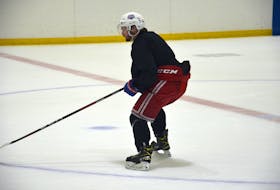 Summerside D. Alex MacDonald Ford Western Capitals defenceman Will Proud competes in a drill during a practice at Gerard (Turk) Gallant Arena recently. The Caps recently named Proud as team captain for the 2022-23 season.