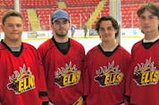 Shown before a practice at the Rath Eastlink Community Centre are Brookfield Elks players Ben Fraser (left), Jeremy O’Connell, Ben Stewart and Will Stewart. Contributed