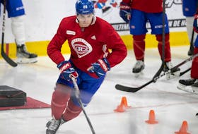 Canadiens' Juraj Slafkovsky during a speed test at the first day of training camp in Brossard on Sept. 22, 2022.