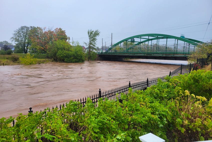 Salmon River in Truro, overflowing with the rainfall from hurricane Fiona.