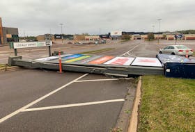 Winds from post-tropical storm Fiona knocked down this sign at Royalty Crossing in Charlottetown on Sept. 24. Dave Stewart • The Guardian