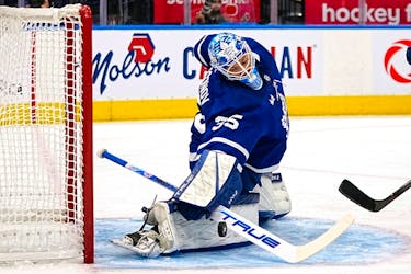 Toronto Maple Leafs goaltender Ilya Samsonov makes a save against the Ottawa Senators during the pre-season action at Scotiabank Arena on Saturday night. 