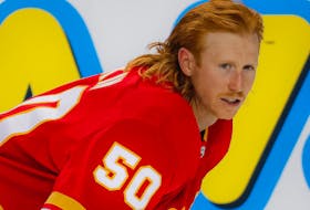 Forward Cody Eakin, with the Calgary Flames on a training-camp tryout, is pictured before a preseason game against the Vancouver Canucks at Scotiabank Saddledome in Calgary on Sunday, Sept. 25, 2022. 