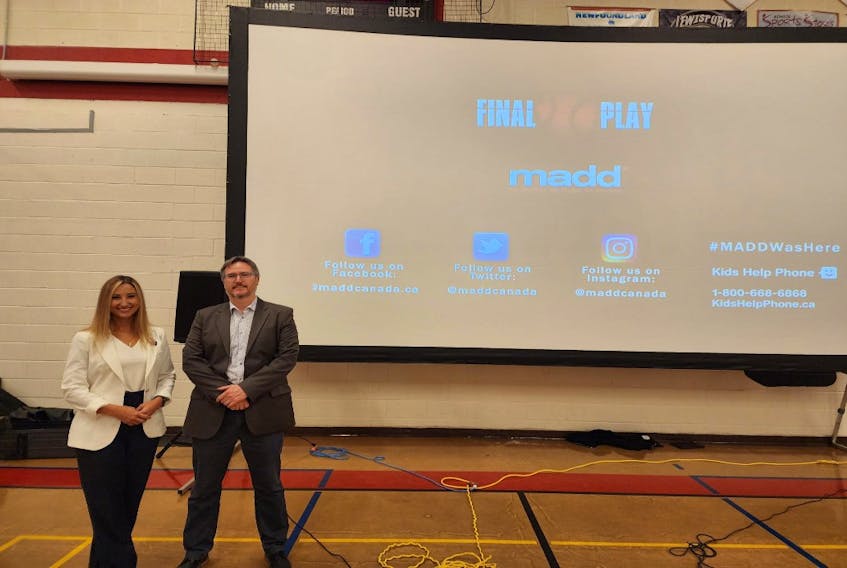 MADD Canada president Jaymie-Lyne Hancock and NLC manager of corporate responsibility and communications Darrell Smith during a presentation at Holy Trinity High School in Torbay of  a new sober driving video education program for junior high and high school students.