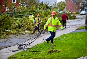 A City of Charlottetown worker hauls a section of downed line off Hillsborough Street on Sept. 26 as a public works crew clears a fallen tree from the road. Cody McEachern • The Guardian