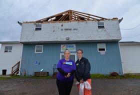 Jamie Lynn Mosher, left, and Flo Younker-MacDonald, co-owners of Rainbow Beginnings Early Learning Centre in St. Teresa, P.E.I. are looking for temporary accommodations after post-tropical storm Fiona caused significant damage to the building's roof. Terrence McEachern • The Guardian