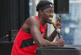 Toronto Raptors forward Pascal Siakim speaks to the media about the upcoming season  on Monday September 26, 2022.  