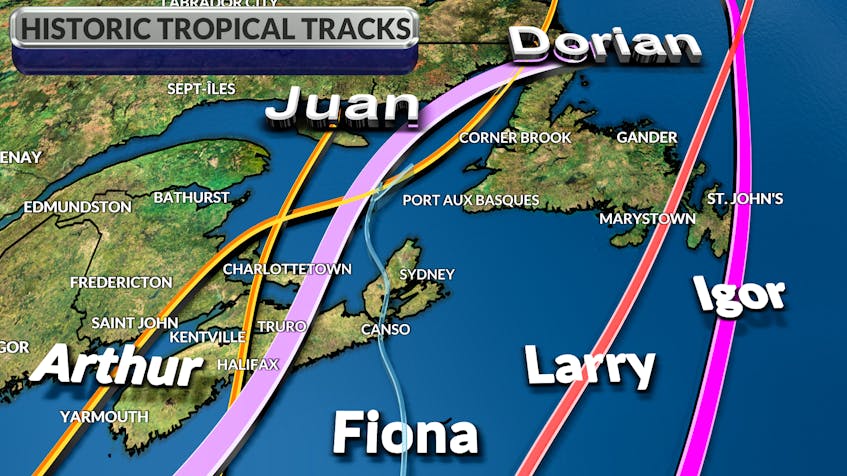Tracks of more memorable storms to move through Atlantic Canada, including Fiona.