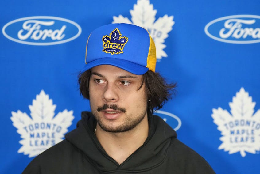 Toronto Maple Leafs forward Auston Matthews speaks to the media after being eliminated in the first round of the NHL Stanley Cup playoffs during a press conference in Toronto on Tuesday, May 17, 2022.  