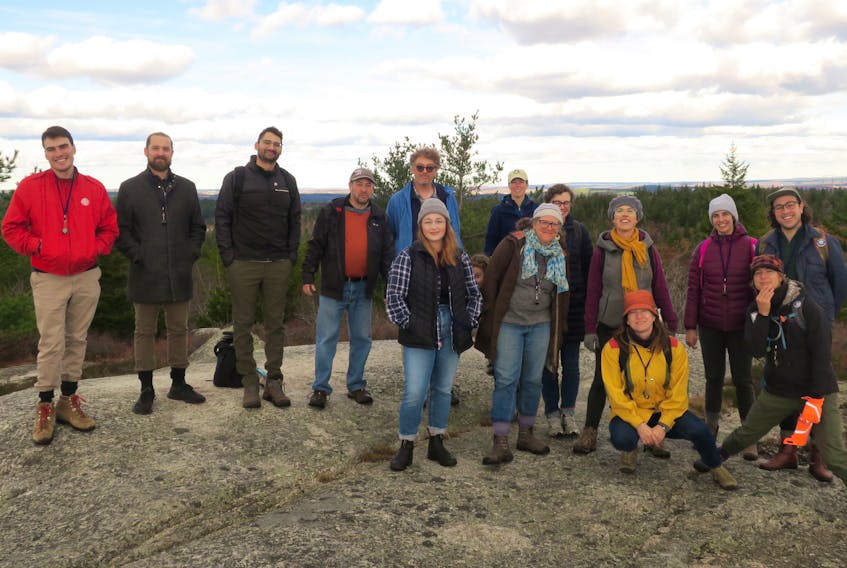 Ecology Action Centre staff on a group hike exploring Blue Mountain Birch Cove Lakes Wilderness Area — an area EAC has been helping to protect.