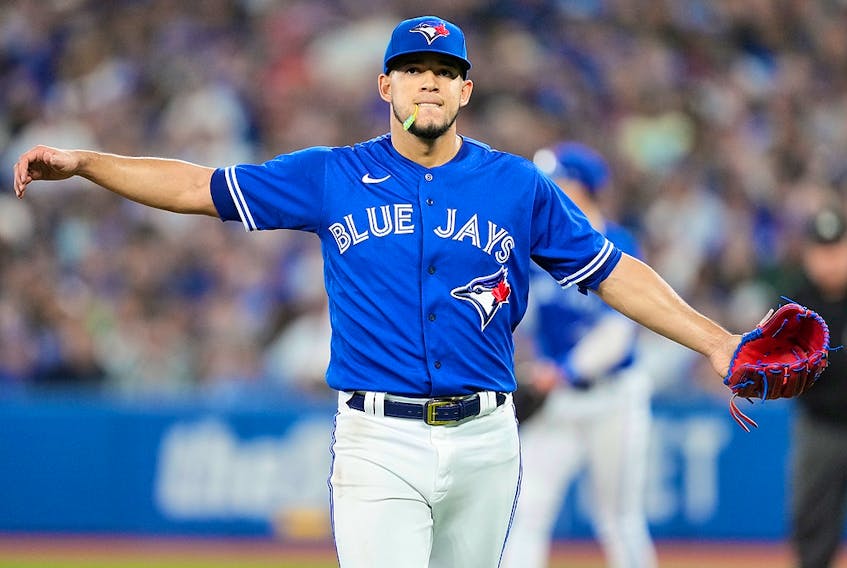 Jose Berrios of the Toronto Blue Jays reacts against the New York Yankees in the fifth inning at the Rogers Centre on September 27, 2022 in Toronto. 